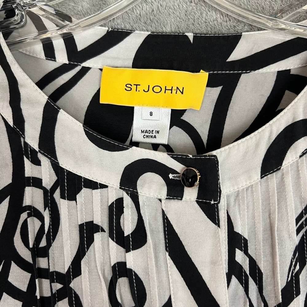 St John Blouse Womens 8 Black White Abstract Pleated Long Sleeve Career - Picture 3 of 12